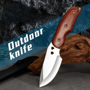 Outdoor Portable Straight Knife with Knife Cover, Stainless Steel Blade, Wooden Handle, Camping and Tourism Outdoor Tools