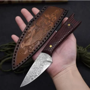 Damascus Steel Hunting Knives Tactical Survival Wood Handle Outdoor Camping Fixed Blade Knife Hand Tool With Leather Case