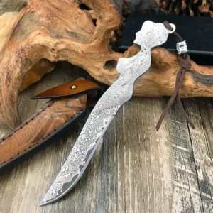 Tactical Straight Blade Knife Damascus Steel Fixed Knife with Cowhide Sheath Jungle Survival Hunting Combat Multi-function Tool